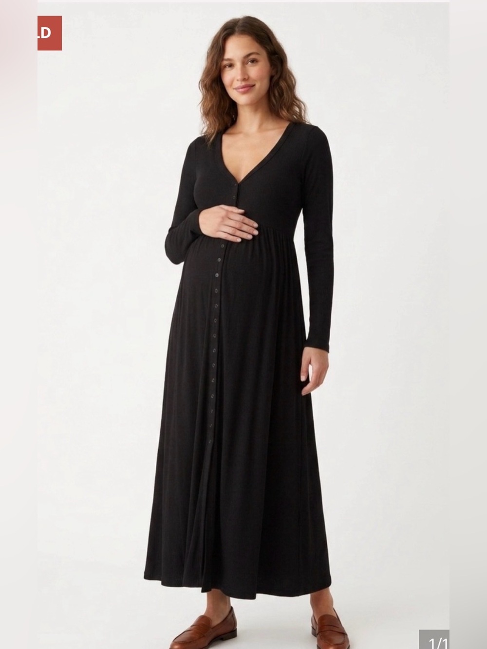 HATCH The Softest Rib Nursing Dress Long Sleeve Button Front Ribbed Black Sz 2